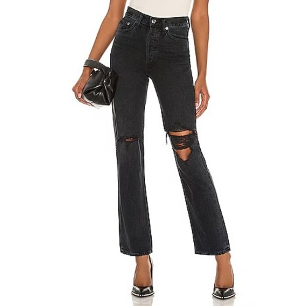 AGOLDE Lana Mid Rise Straight Leg Distressed Jeans Black Size 26